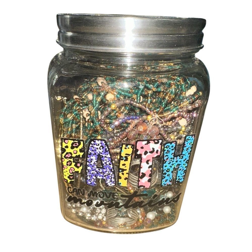 Crafters Jar with broken jewelry. Jar is brand new with great quote!